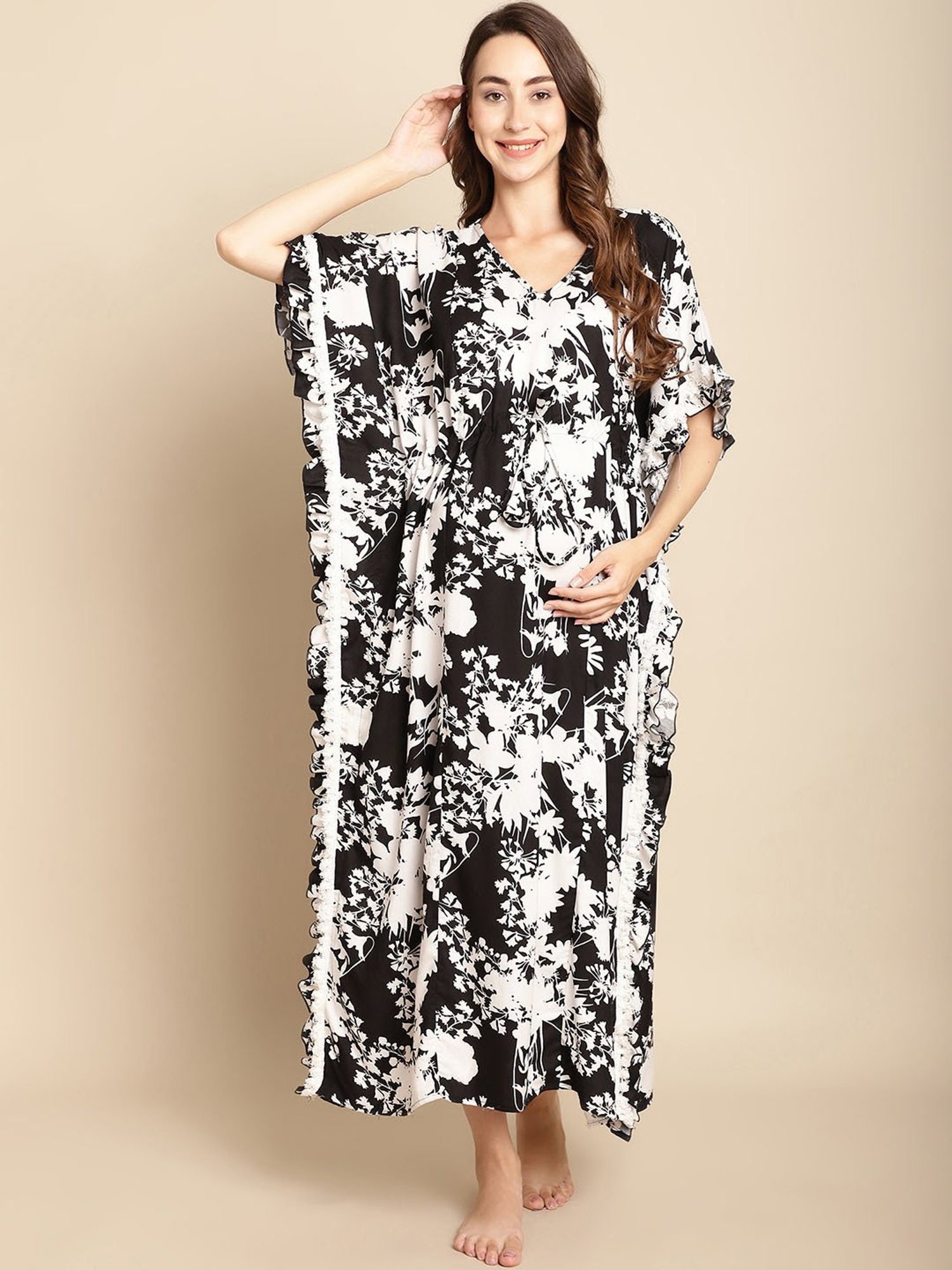 Secret Wish Black & White Floral Print Maternity Kaftan Nighty