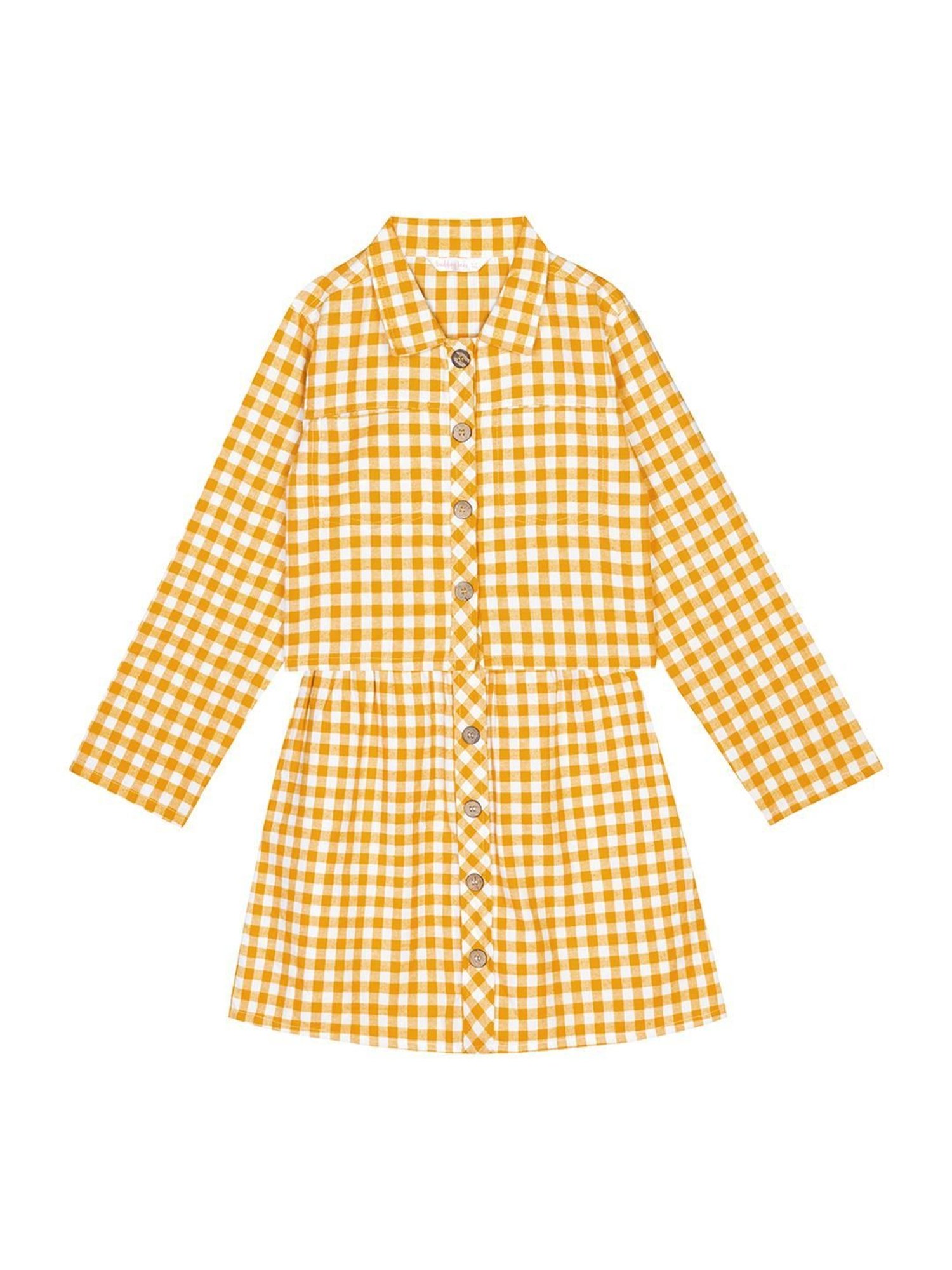 Budding Bees Kids Mustard Yellow Cotton Check Full Sleeves Shirt set