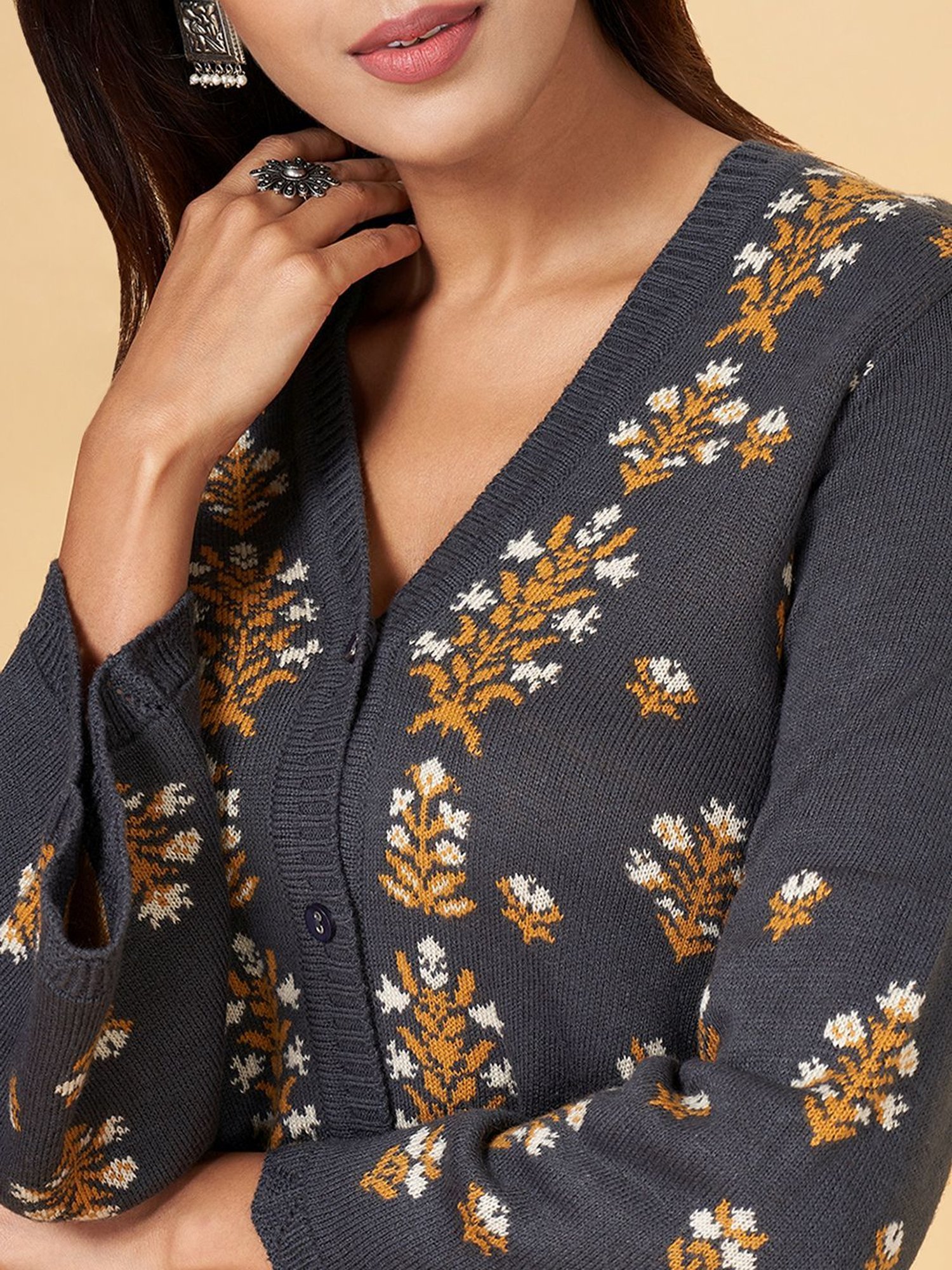 Rangmanch by Pantaloons Grey Printed Long Cardigan