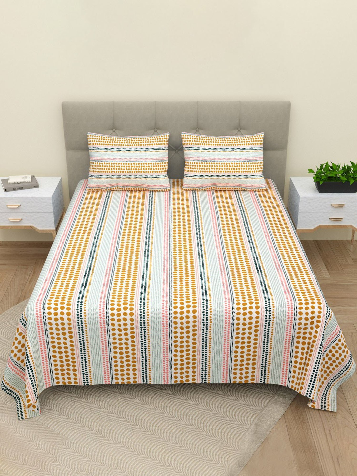 BELLA CASA Printed Orange 220 TC Cotton Super King Bedsheet with 2 Pillow Covers