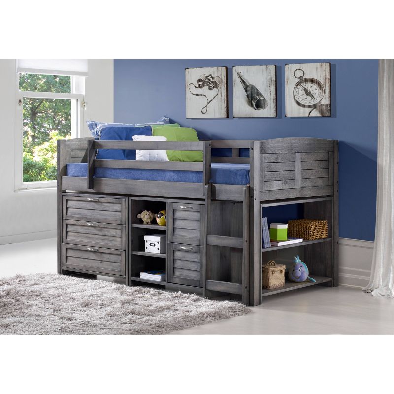 Louver Low Loft Bed with 3+2 Drawer Chest, Shelves and Bookcase Antique Gray - Donco Kids