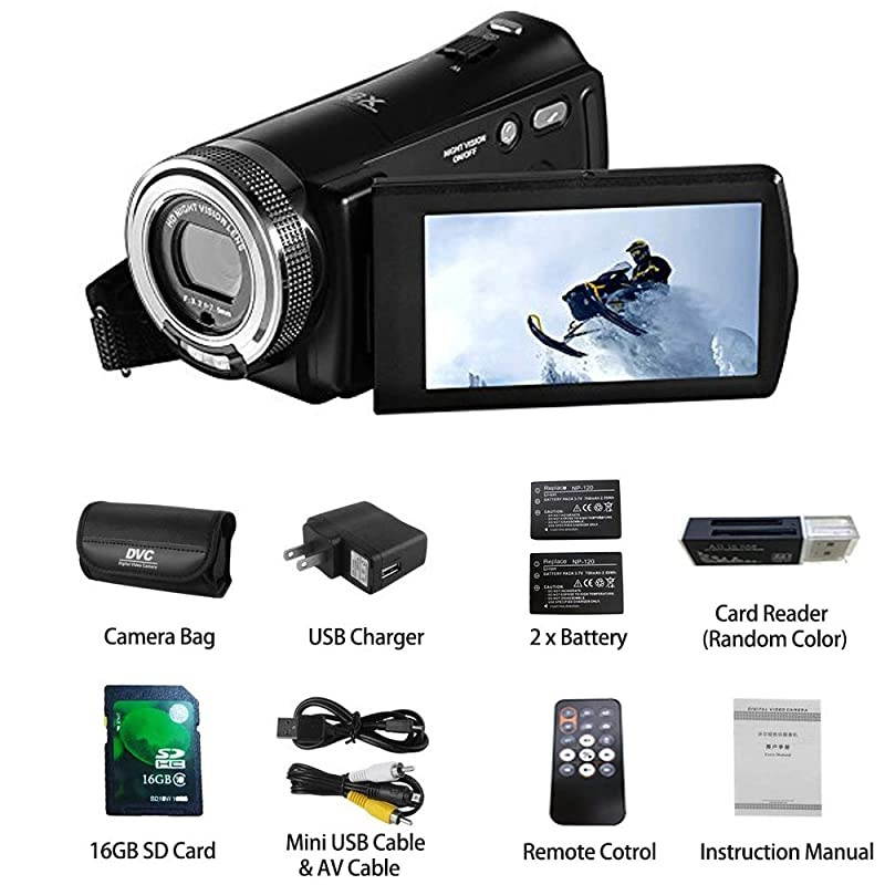 Camcorders  HDV-V12 HD 1080P Video Camera Recorder Infrared Night Vision Camera Camcorders with 16G SD Card and 2 Batteries