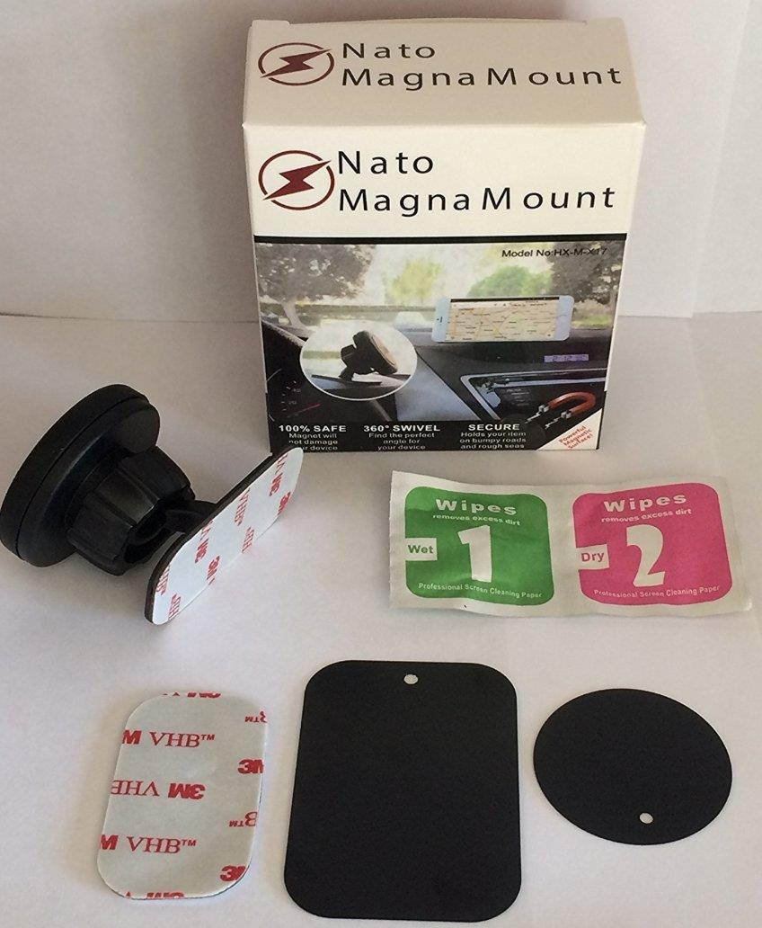 Nato Magna Mount [2 Pack] Magnetic Car Mount Holder for iPhone X 8 7s 6s Plus 5s Samsung Galaxy S8 Edge S7 S6 Note 5 Note 4, any cell phones or Tablets, Universal 360 degree, devices less than 2 Ib