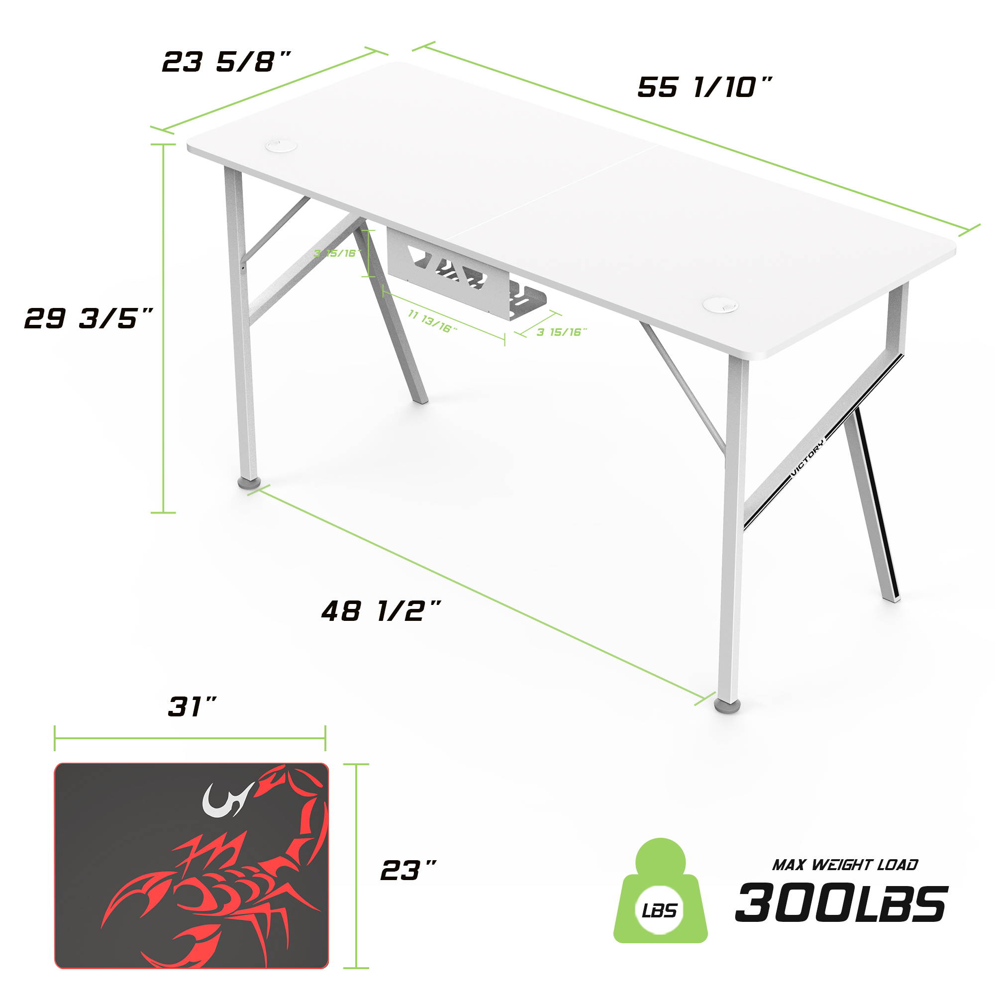 EUREKA ERGONOMIC Gaming Desk 55" K Shaped Large Home Office Gaming Computer Table, with Controller Stand Cup Holder Headphone Hook Free Mousepad, White