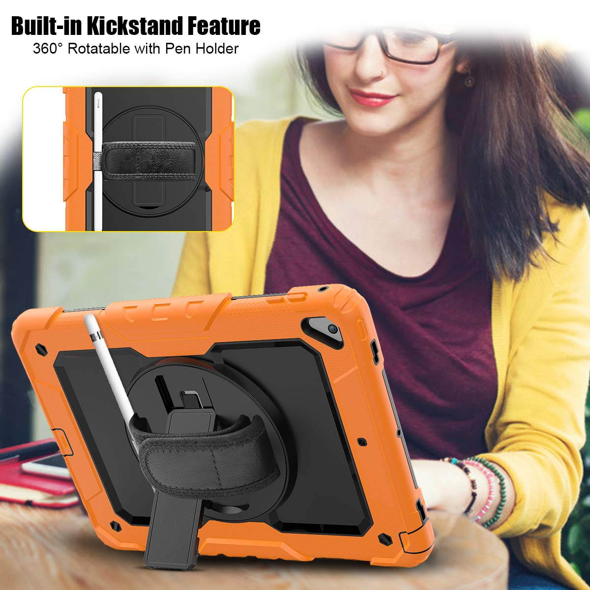 IPad 5th/6th Generation Case,Shockproof, Drop proof, 360 Degree Rotation Kickstand, Hand Strap,Shoulder Strip to Hang in Car Seat.Built-in Screen Protector for New iPad 9.7 2018/2017 Case