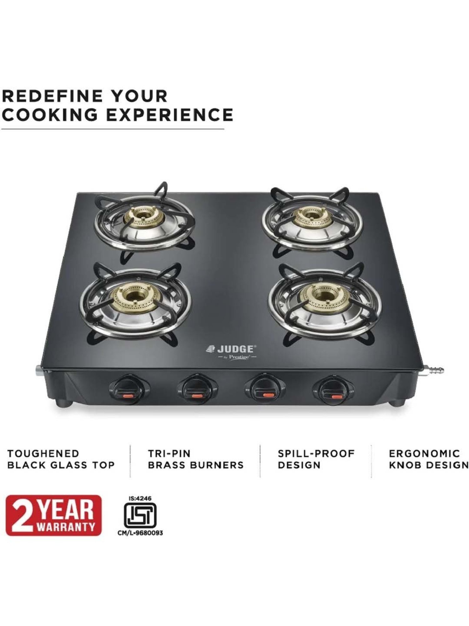 JUDGE Deluxe Black Glass Toughened 4 Burners Gas Stove