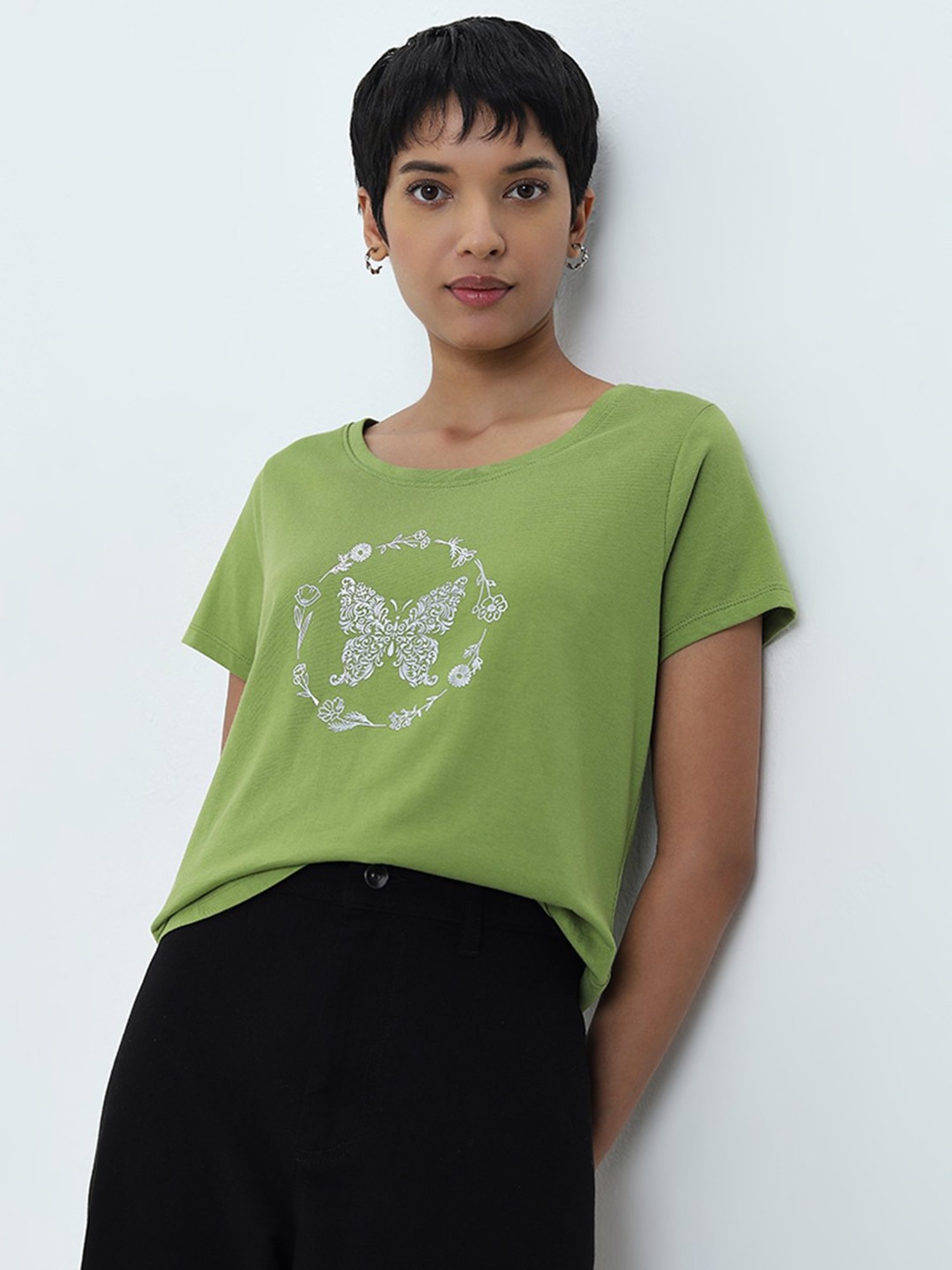 LOV by Westside Green Printed Cotton T-Shirt