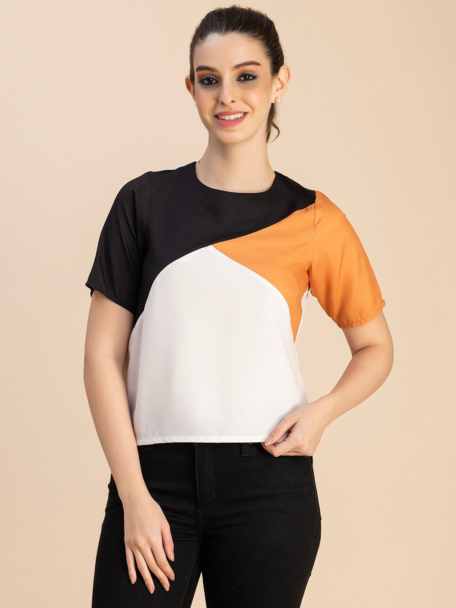 Moomaya Black & Orange Color-Block Top