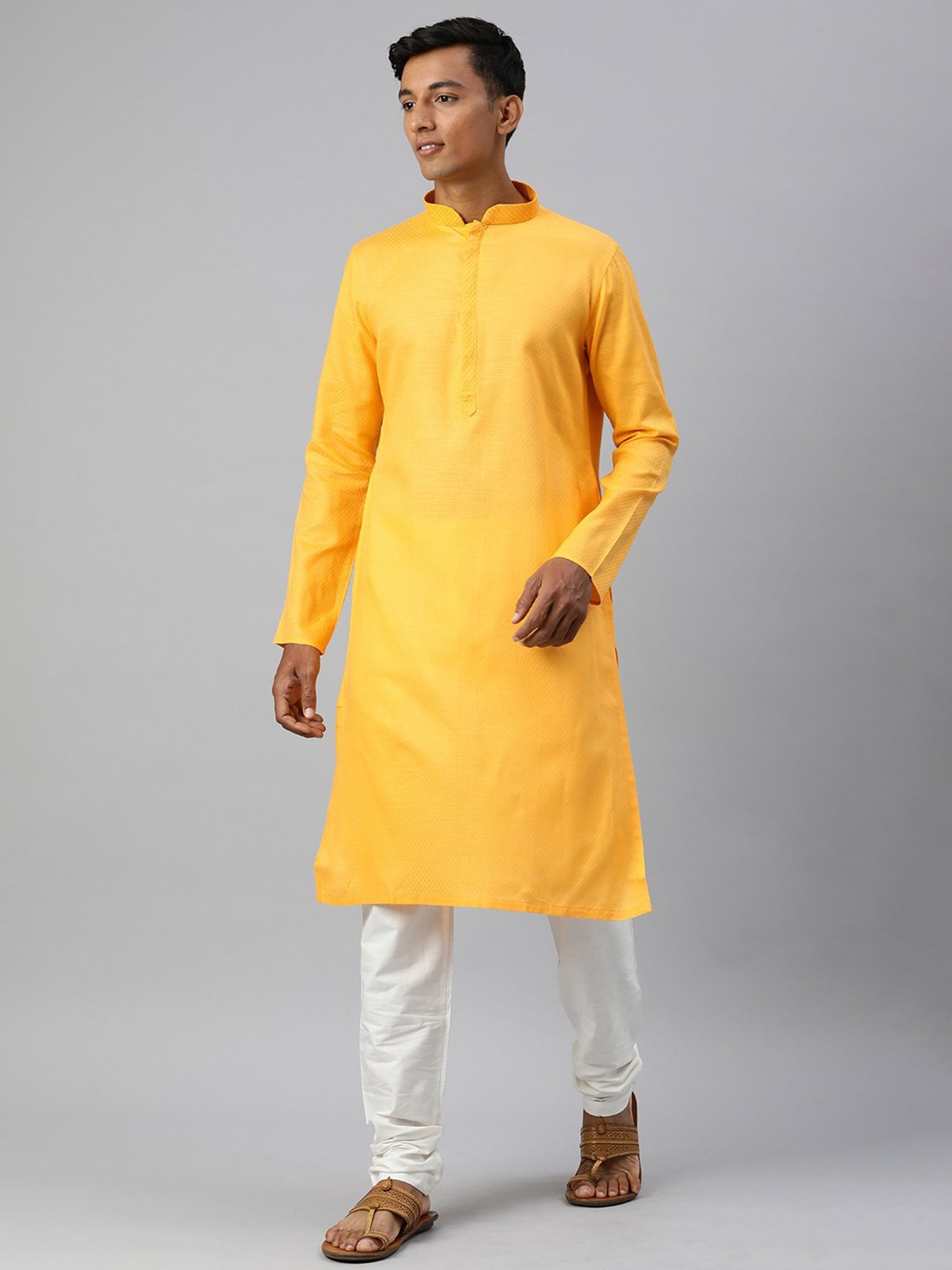 Manthan Yellow & White Regular Fit Self Design Kurta & Churidar Set