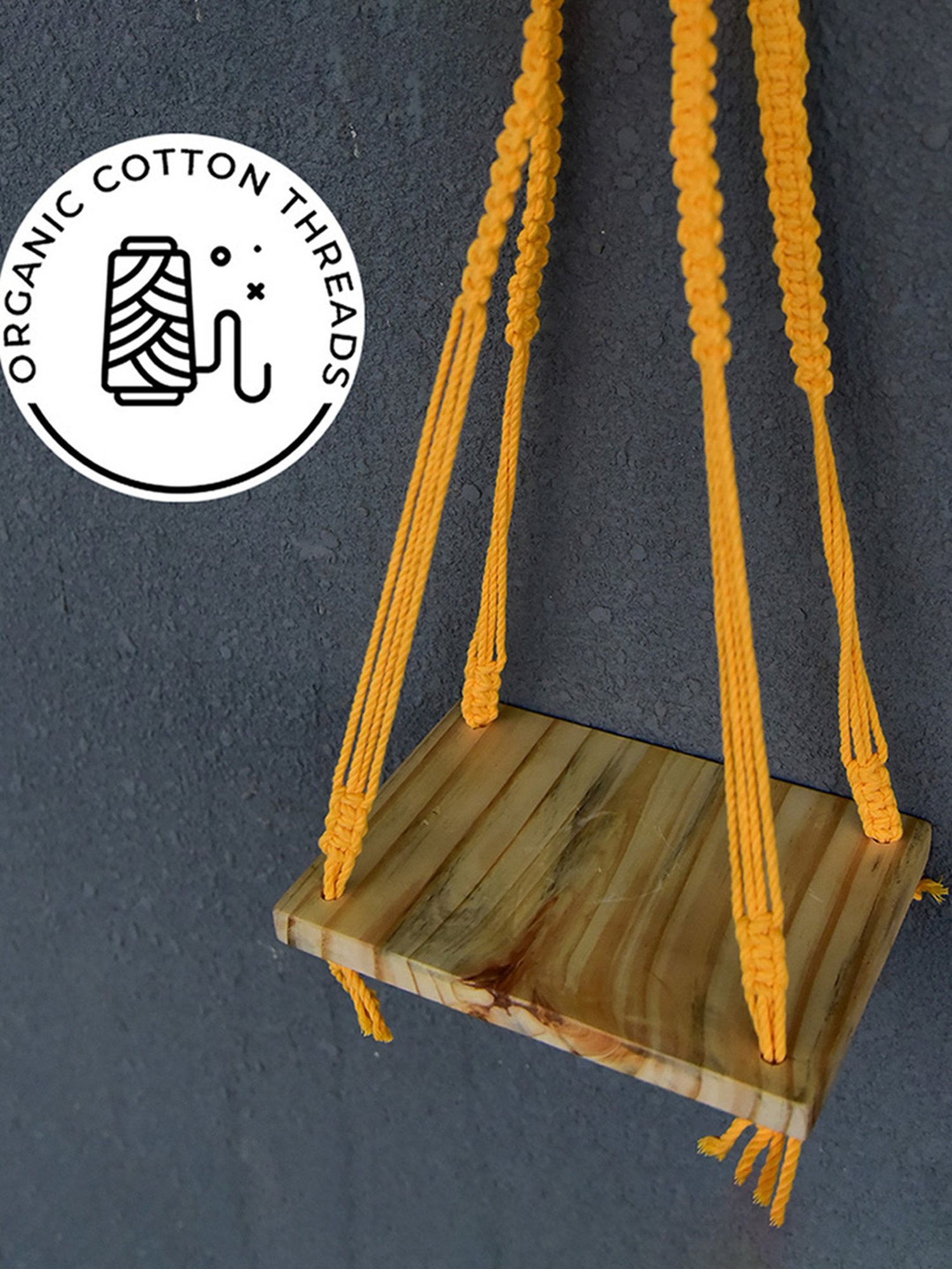 Gathari Macram&iquest; Yellow Pine Wood Wall Hanging Shelf