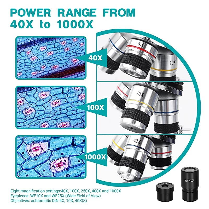 Microscope 1000X Student Microscope for Kids LED Biological Light Microscope with Slides and Phone Adapter All-Metal Optical Glass Lenses