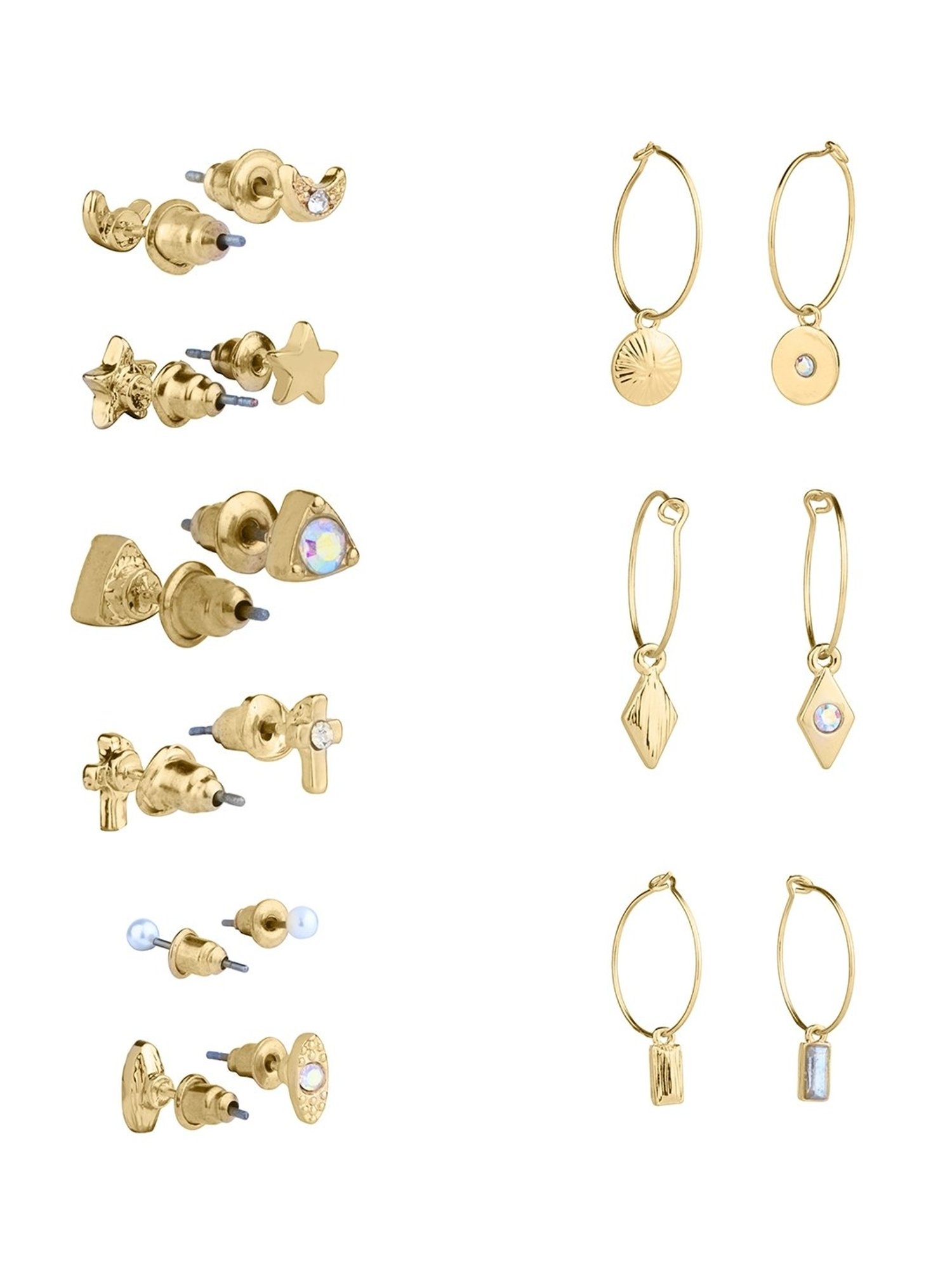 Lilly & Sparkle Set of 9 Gold-Toned Pearl and Crystal Studded 3 Bali Earrings and 6 Studs