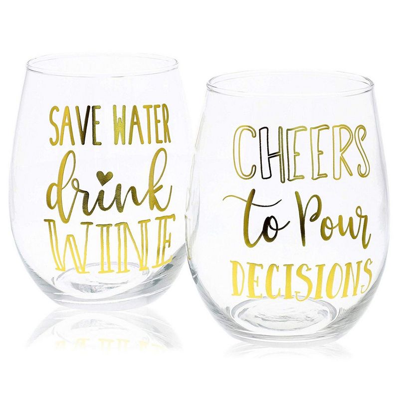 Juvale 4 Pack Stemless 18 Oz Wine Glasses with Sayings, 4 Assorted Gold Foil Designs