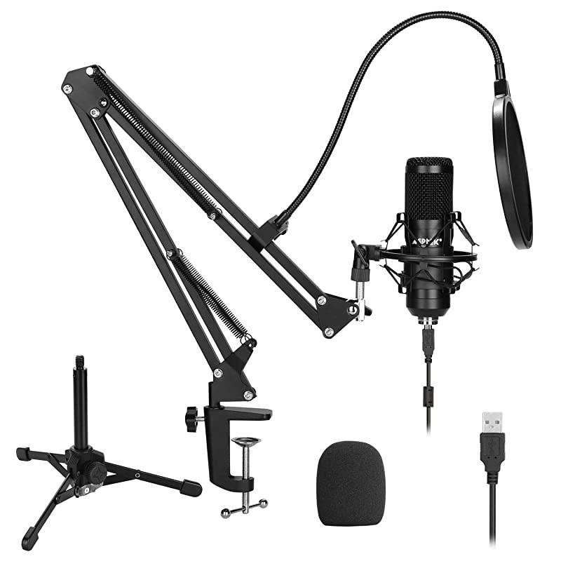 USB Microphone Kit,  192KHz/24Bit USB Condenser Studio Podcast Microphone with Scissor Arm Stand, Metal Shock Mount, Pop Filter, Mounting Clamp, Metal Tripod, Mic Windscreen & Cable