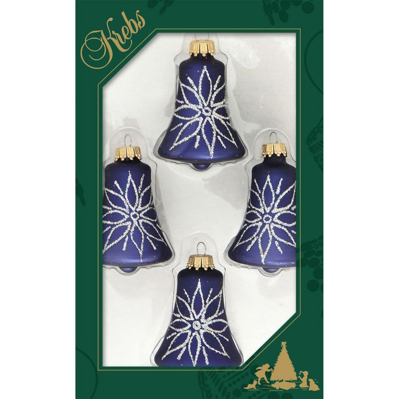 Christmas by Krebs 4ct Navy Blue Matte Glass Christmas Bell Ornaments with Silver Starburst 3" (76mm)
