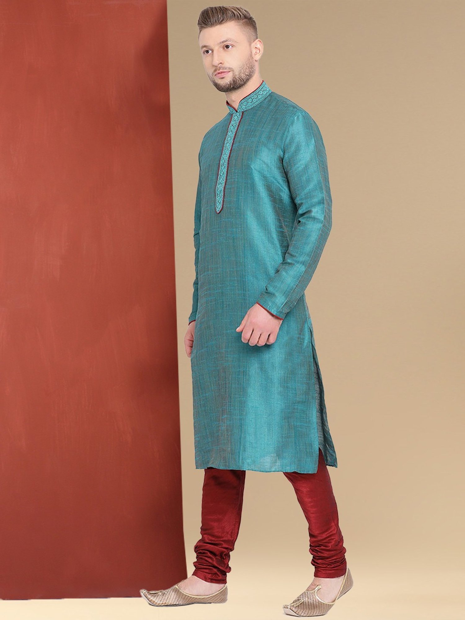 Sanwara Firozi & Red Cotton Regular Fit Texture Kurta Bottom Set