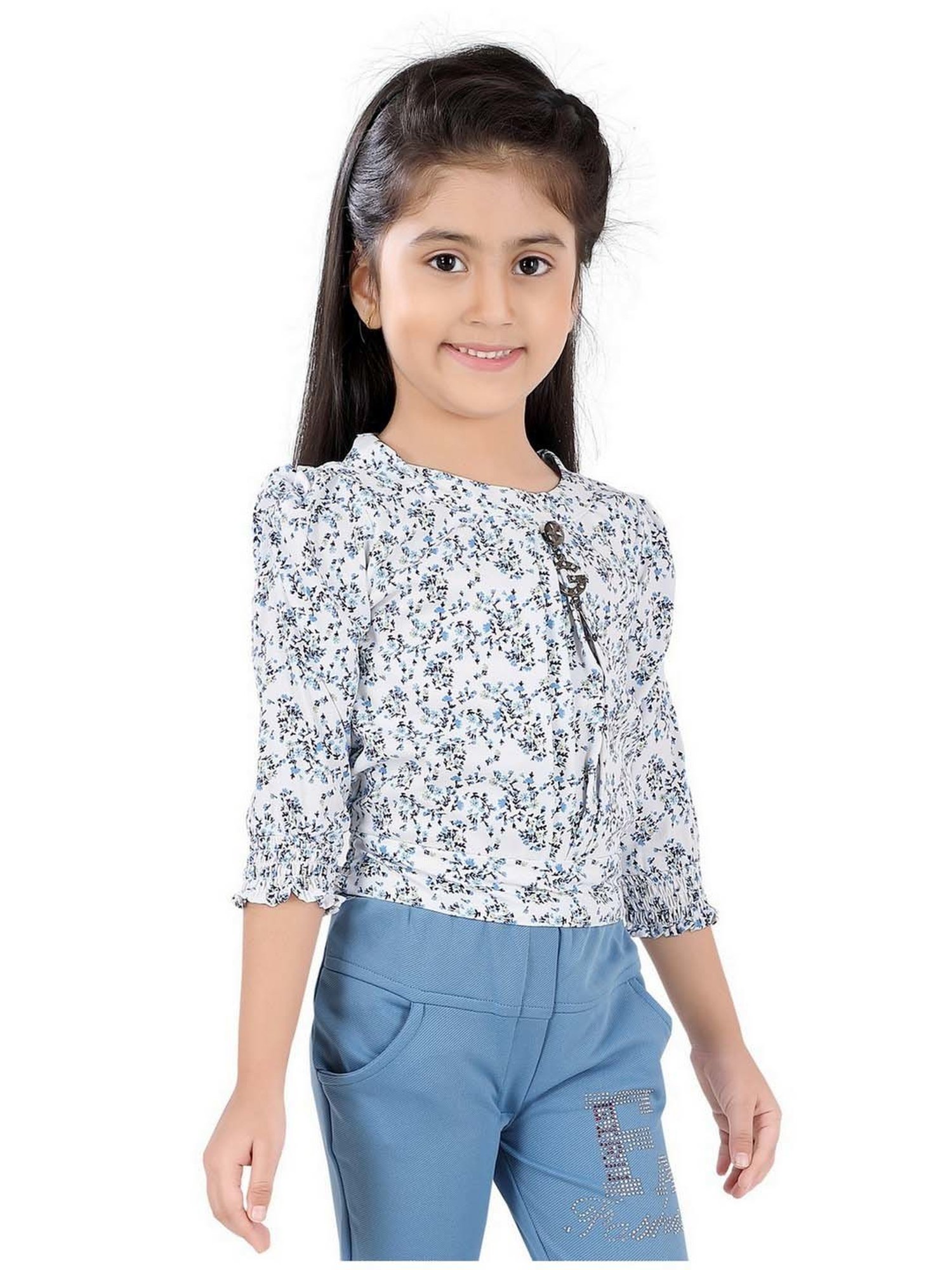 poplins Kids Blue & White Cotton Floral Print Top