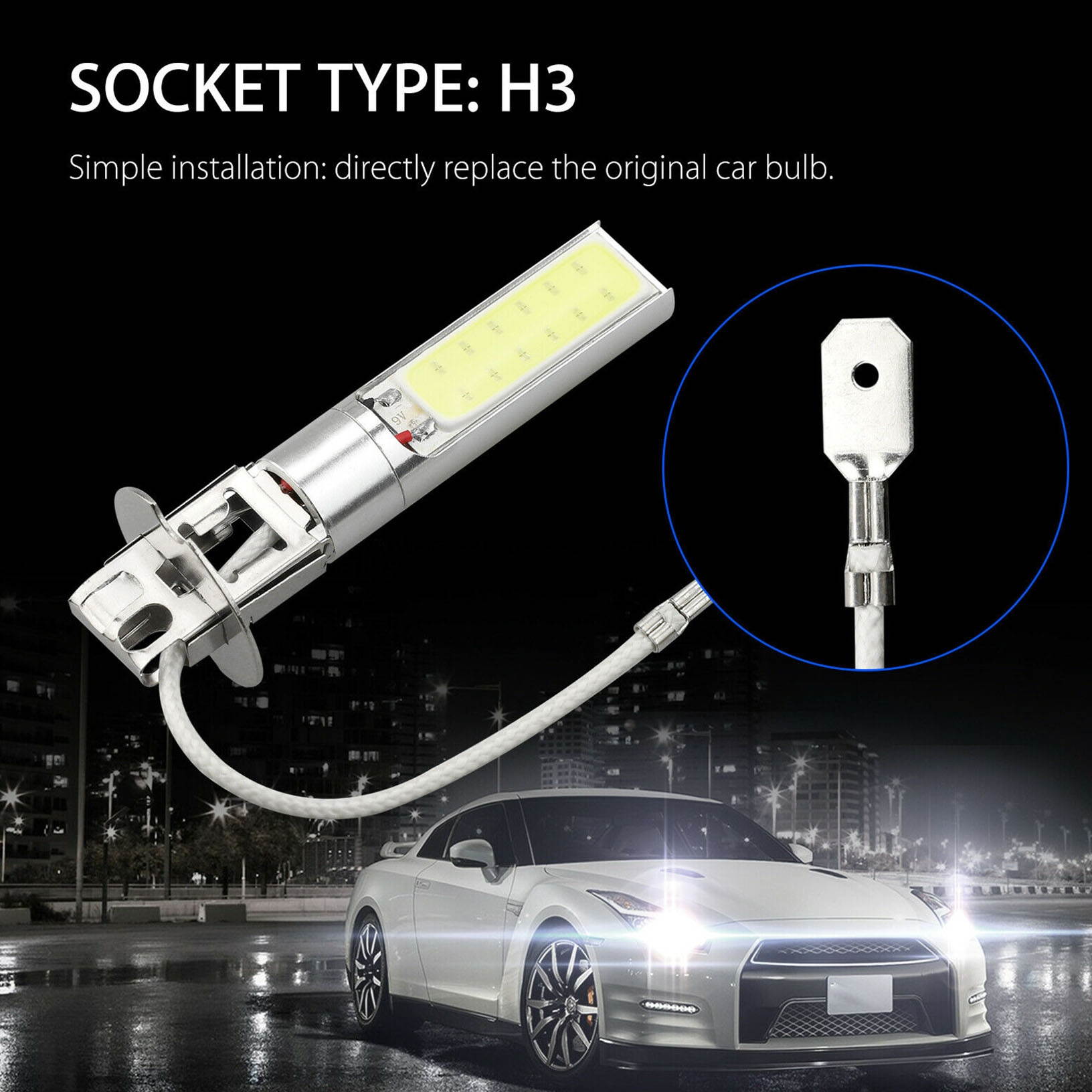2Pack High Power H3 100W COB LED Xenon Pure White Fog Light SMD Car Bulb 6000K