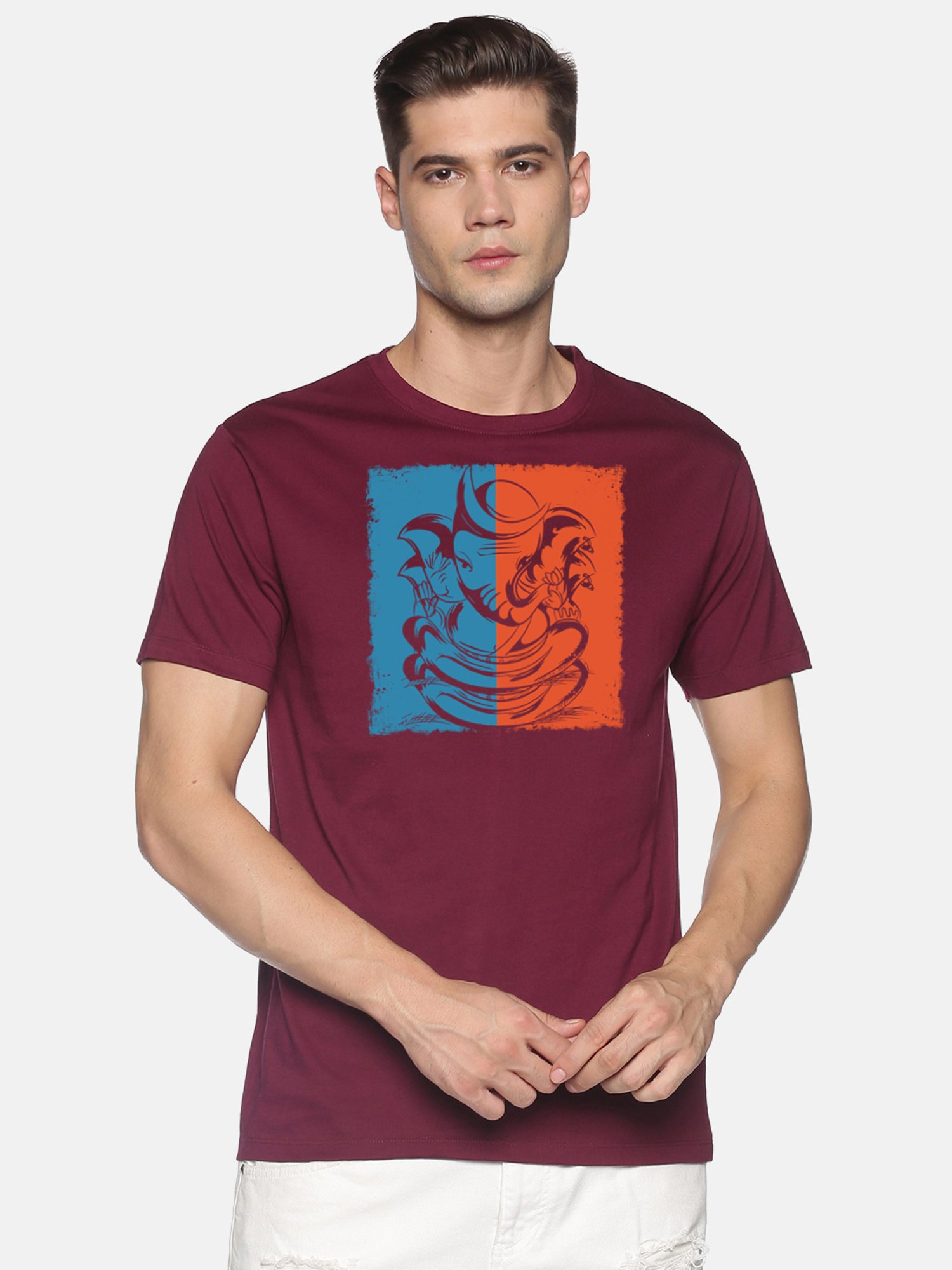 BLACK RADIO Maroon Slim Fit Printed Cotton Crew T-Shirt