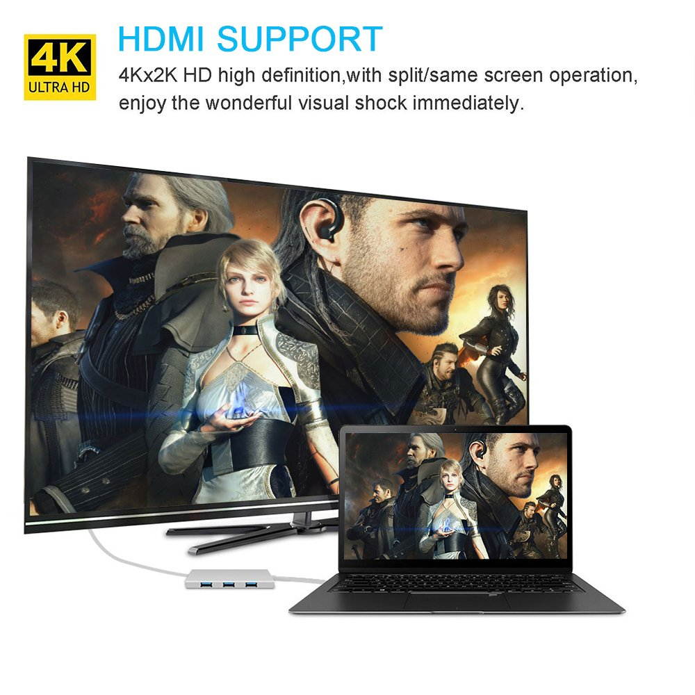 7 in 1 USB C HUB, Type-C to HDMI + PD + 3 x USB3.0 + SD/TF Dongle, Support SD/TF Card Reader, PD Fast Charging and 4K Ultra HD Video Output for New MacBook, ChromeBook and Surface.