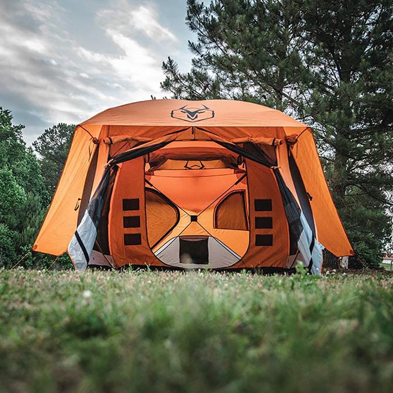 Gazelle T4 Plus Extra Large 4 to 8 Person Portable Pop Up Outdoor Shelter Camping Hub Tent with Extended Screened In Sun Room, Orange