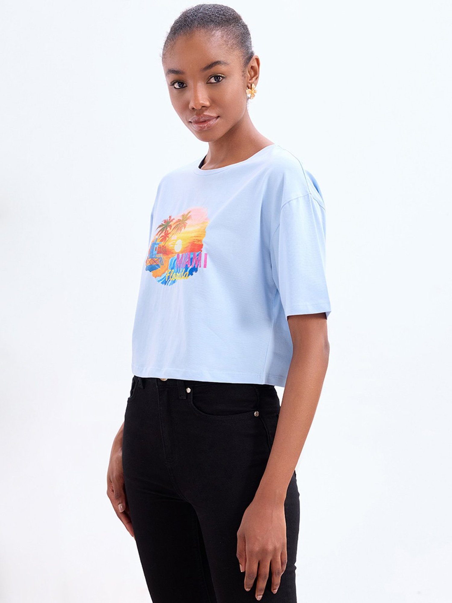 Cover Story Light Blue Cotton Graphic Print Crop T-Shirt