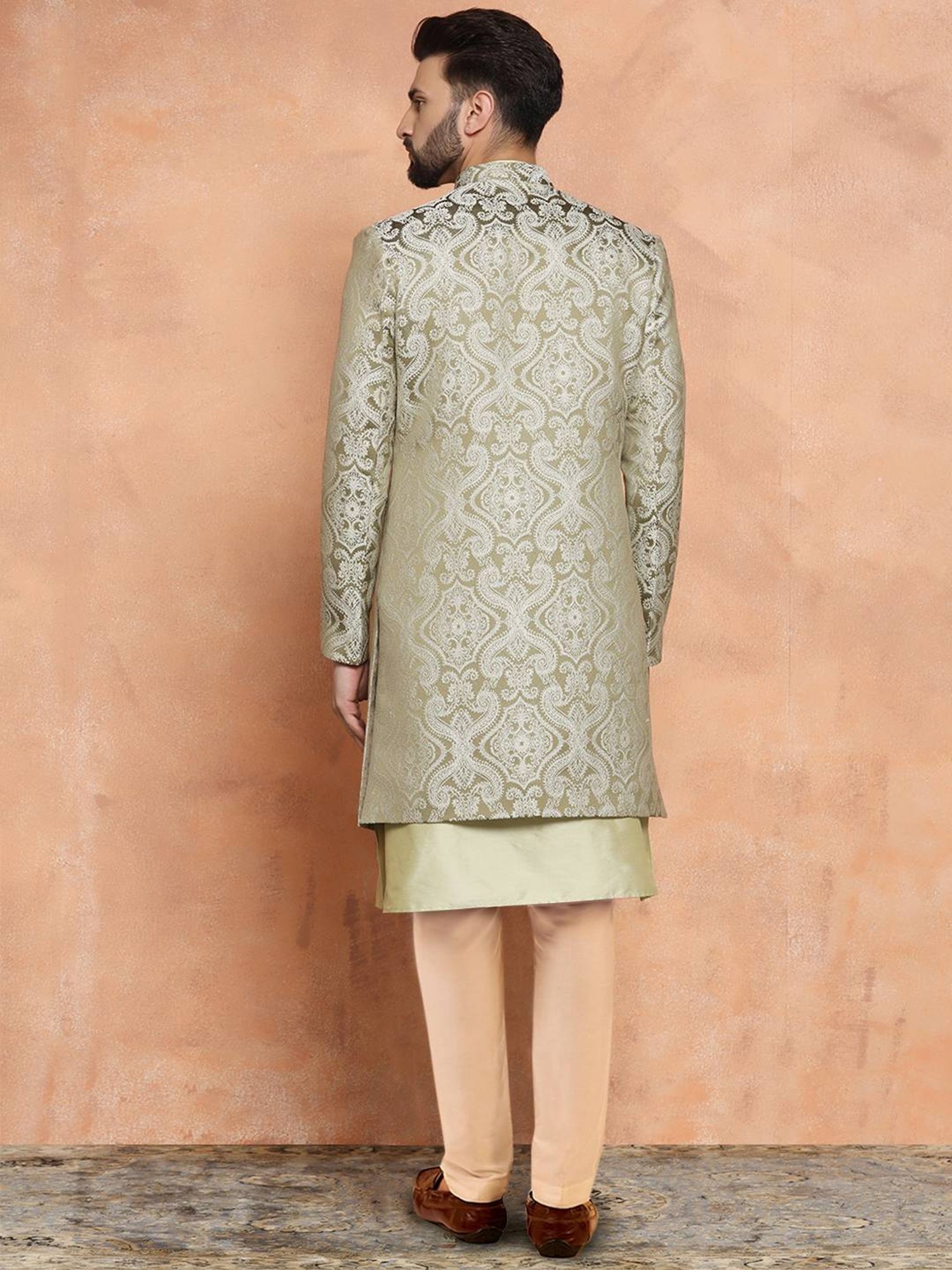 Kisah Beige & Green Regular Fit Jacquard Sherwani Set