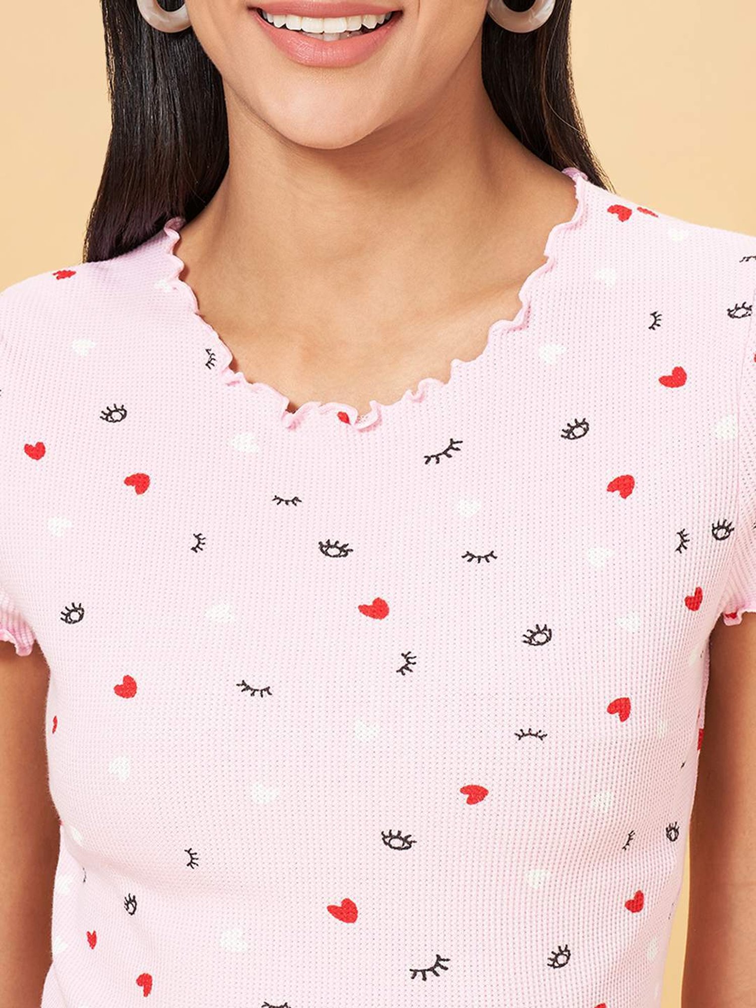 People by Pantaloons Candy Pink Cotton Printed T-Shirt