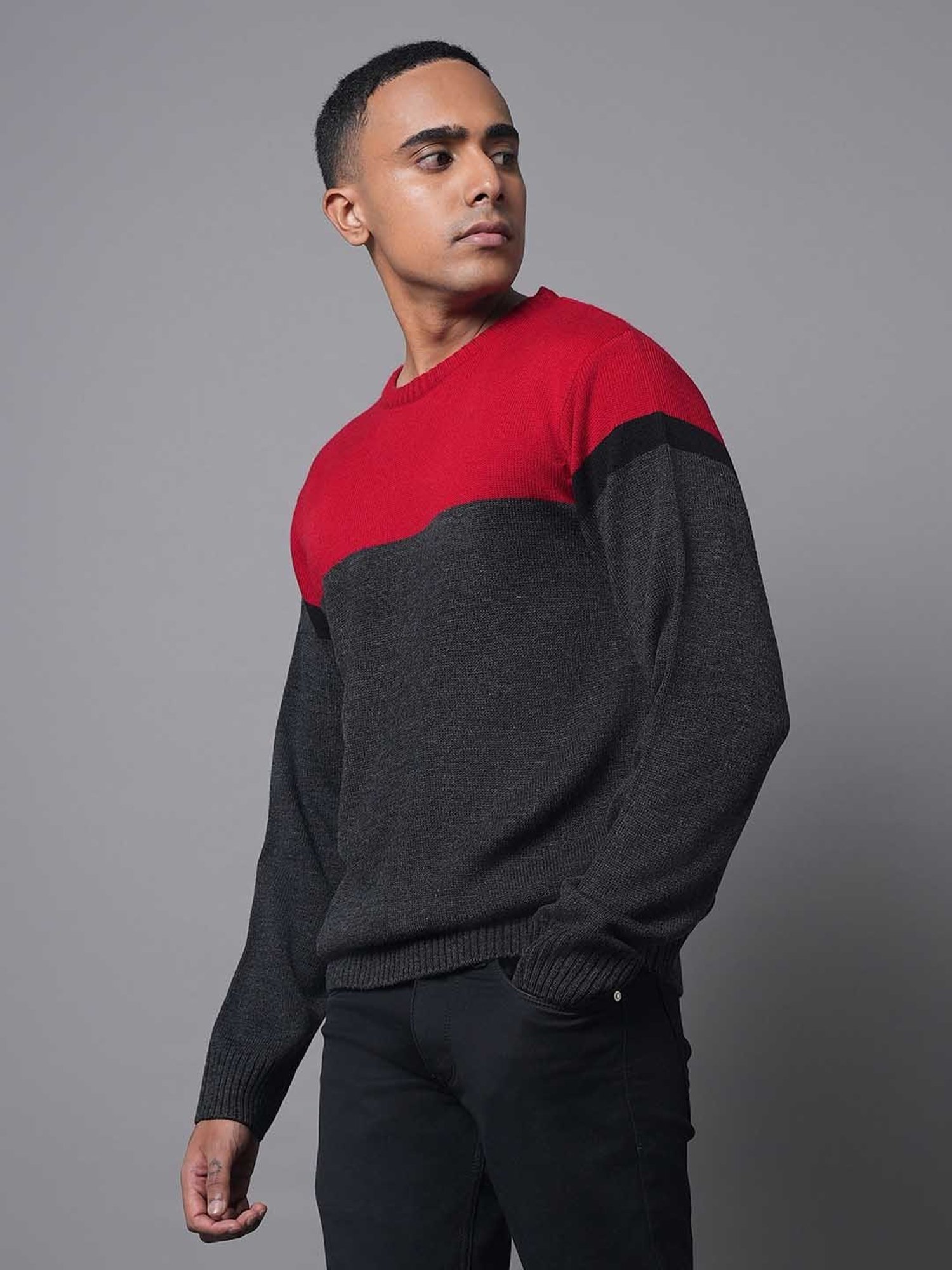 High Star Dark Grey & Red Regular Fit Sweater
