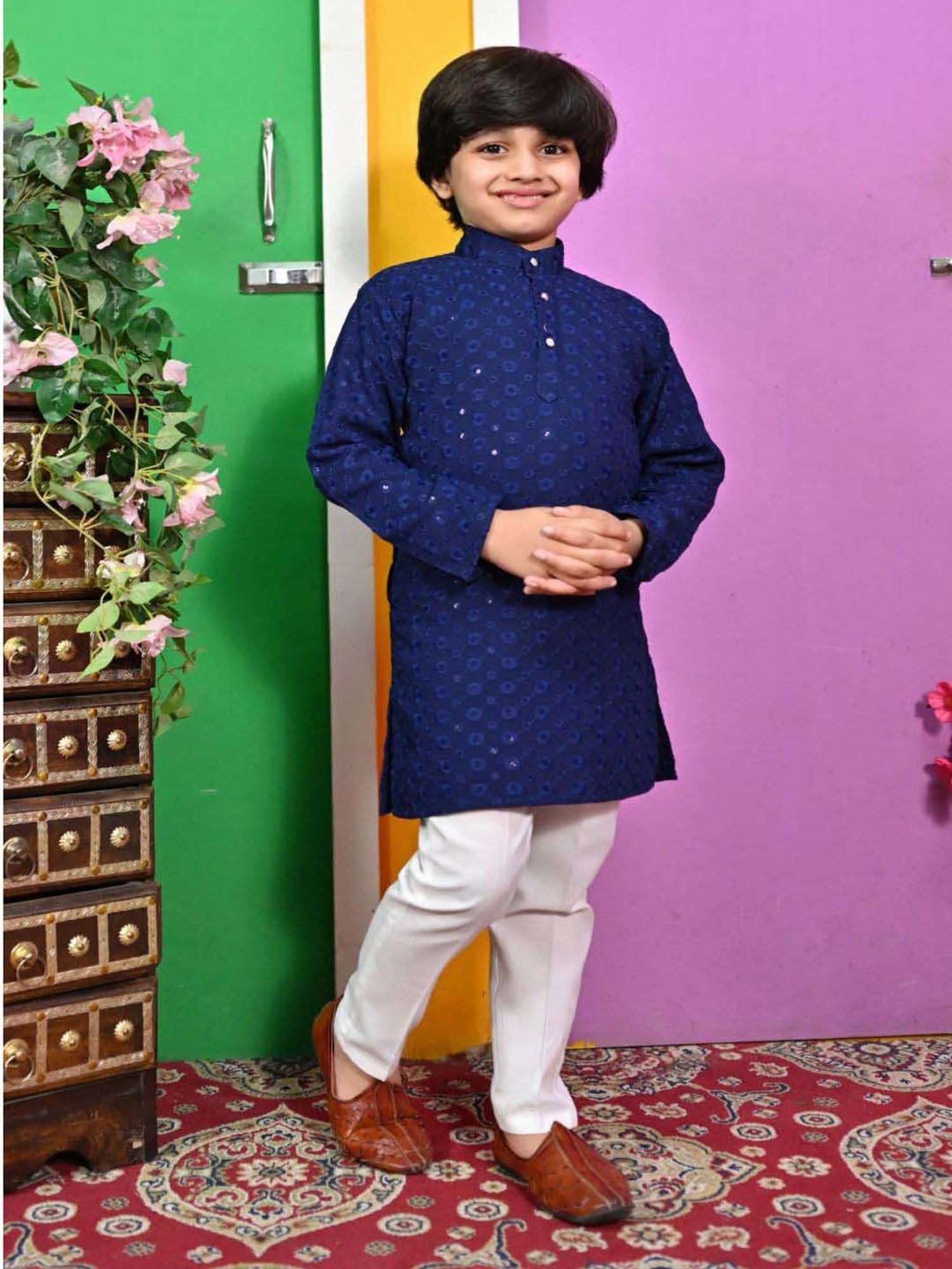 Ahhaaaa Kids Blue & White Cotton Embroidered Full Sleeves Kurta Set