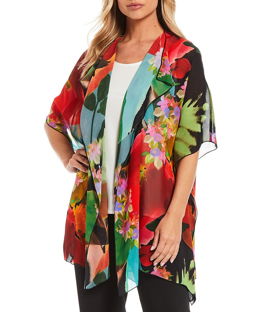 Caroline Rose Georgette Floral Print Short Sleeve Draped Caftan