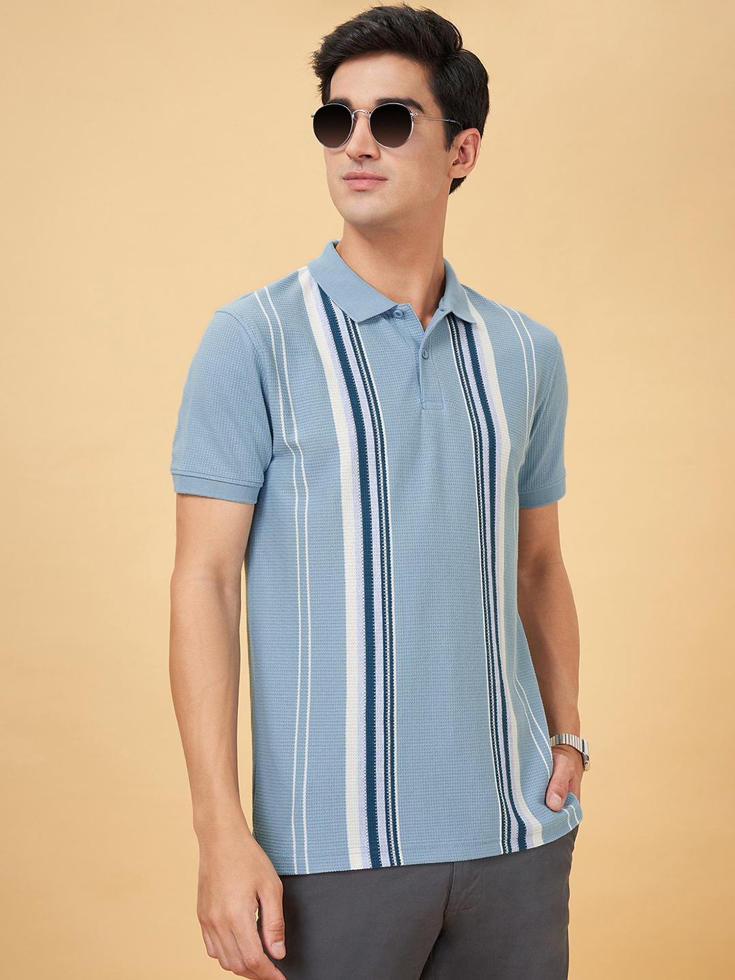 Byford By Pantaloons Blue Slim Fit Striped Polo T-Shirt