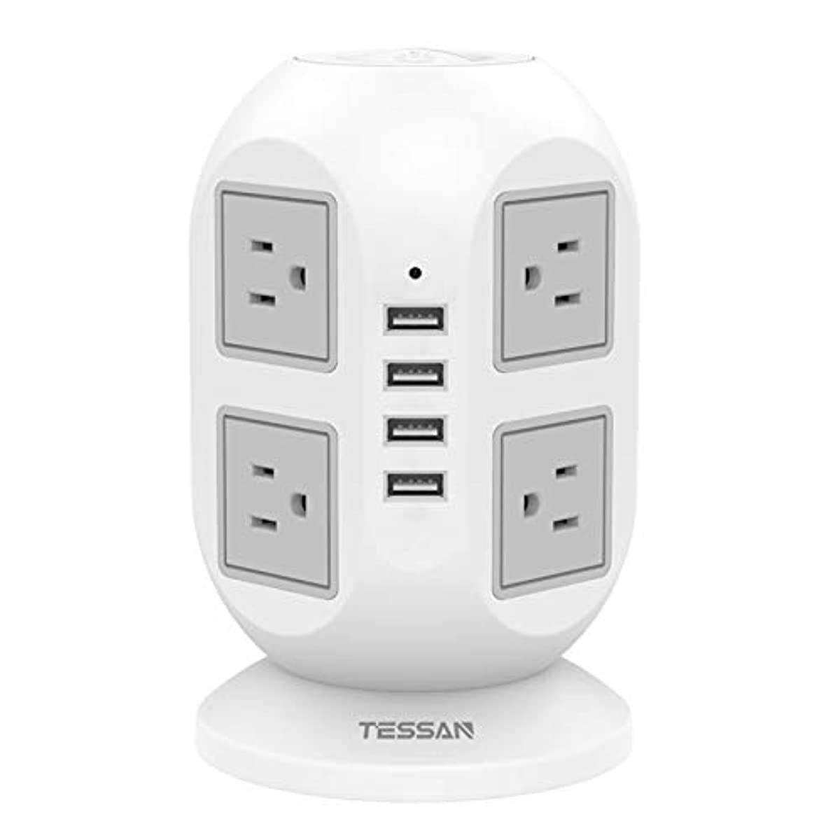 Power Strip Tower TESSAN Surge Protector 8 AC Outlets with 4 USB Ports Charging Station Long Extension Cord 10 Feet, Widely Spaced Multi Outlets, Circuit Breaker Safeguard for Home Office Dorm Room