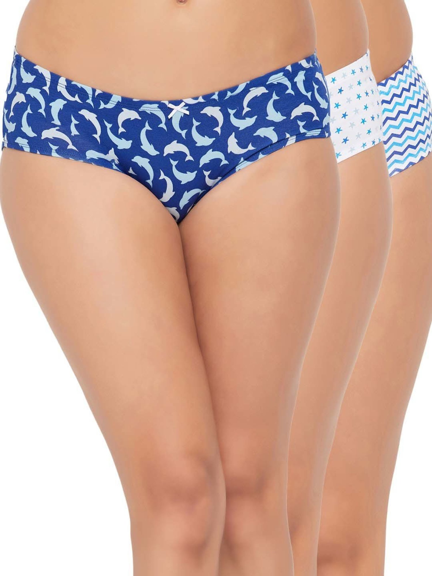 Clovia Blue & White Cotton Printed Hipster Panties - Pack Of 3