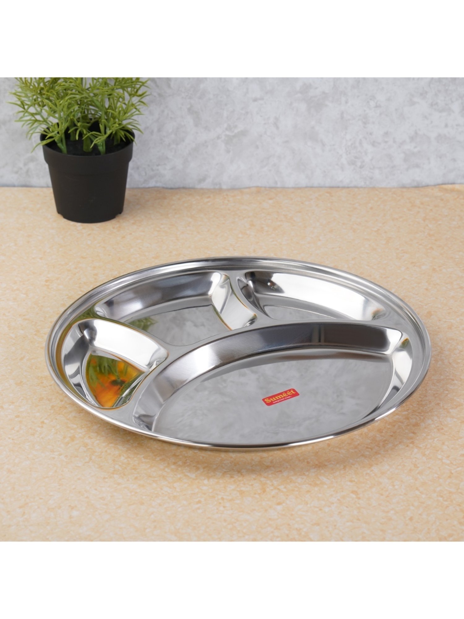 Sumeet Stainless Steel Round 4 in 1 Compartment Lunch / Dinner Plate 1Pc, 32.5cm Dia, Silver