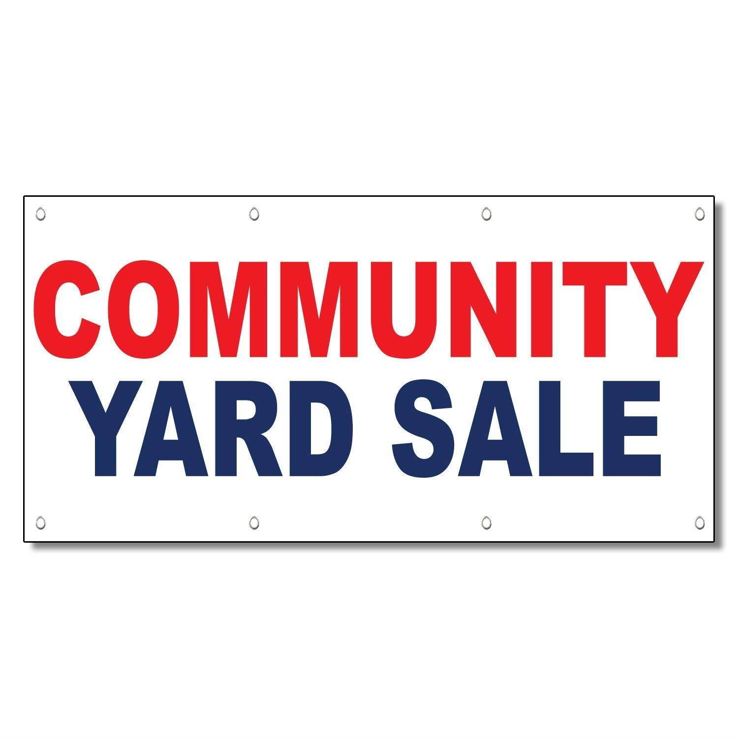 Community Yard Sale Red Blue 13 Oz Vinyl Banner Sign With Grommets 3 Ft x 6 Ft