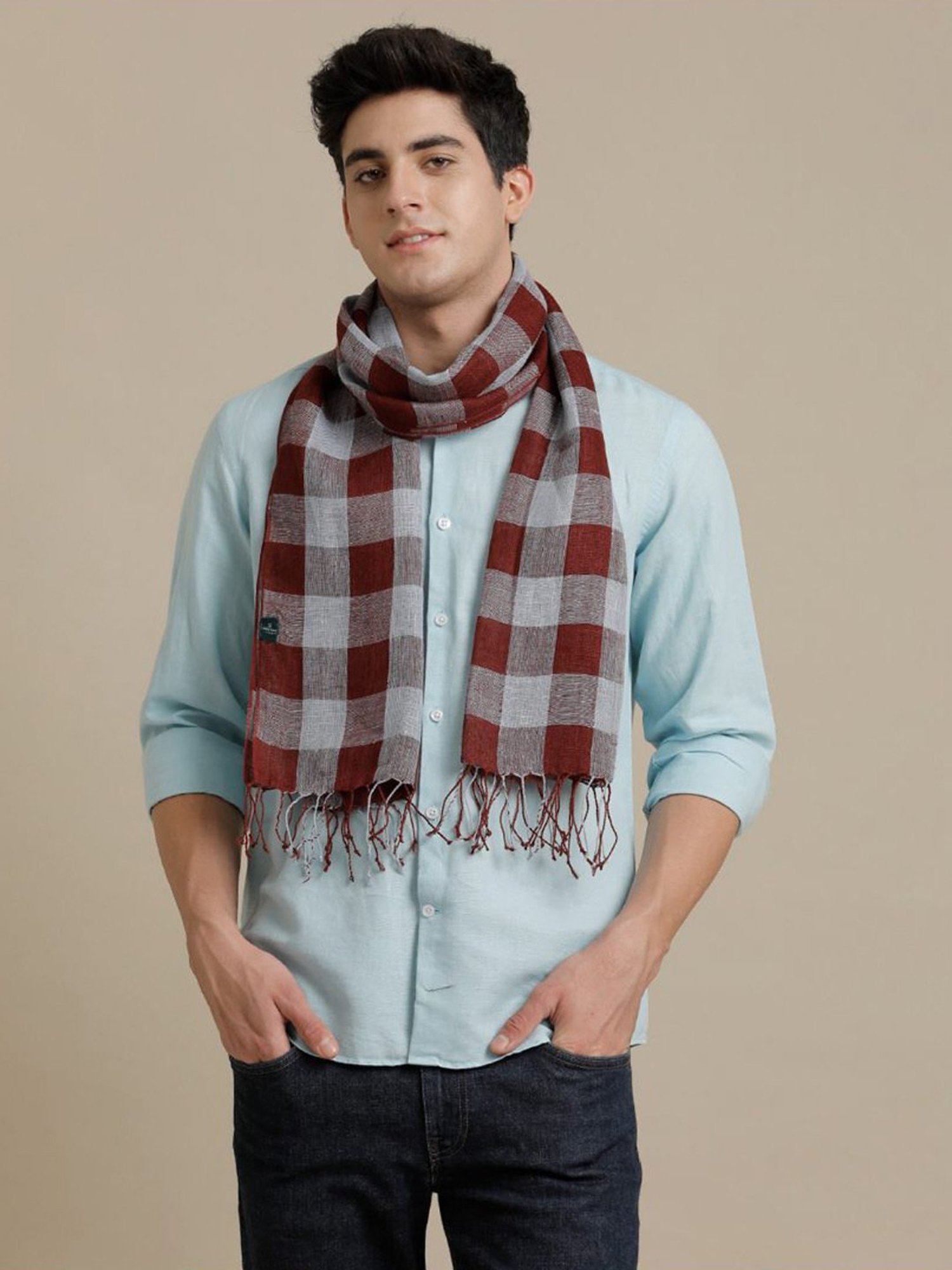 Linen Club Maroon Checks Pure Linen Stole
