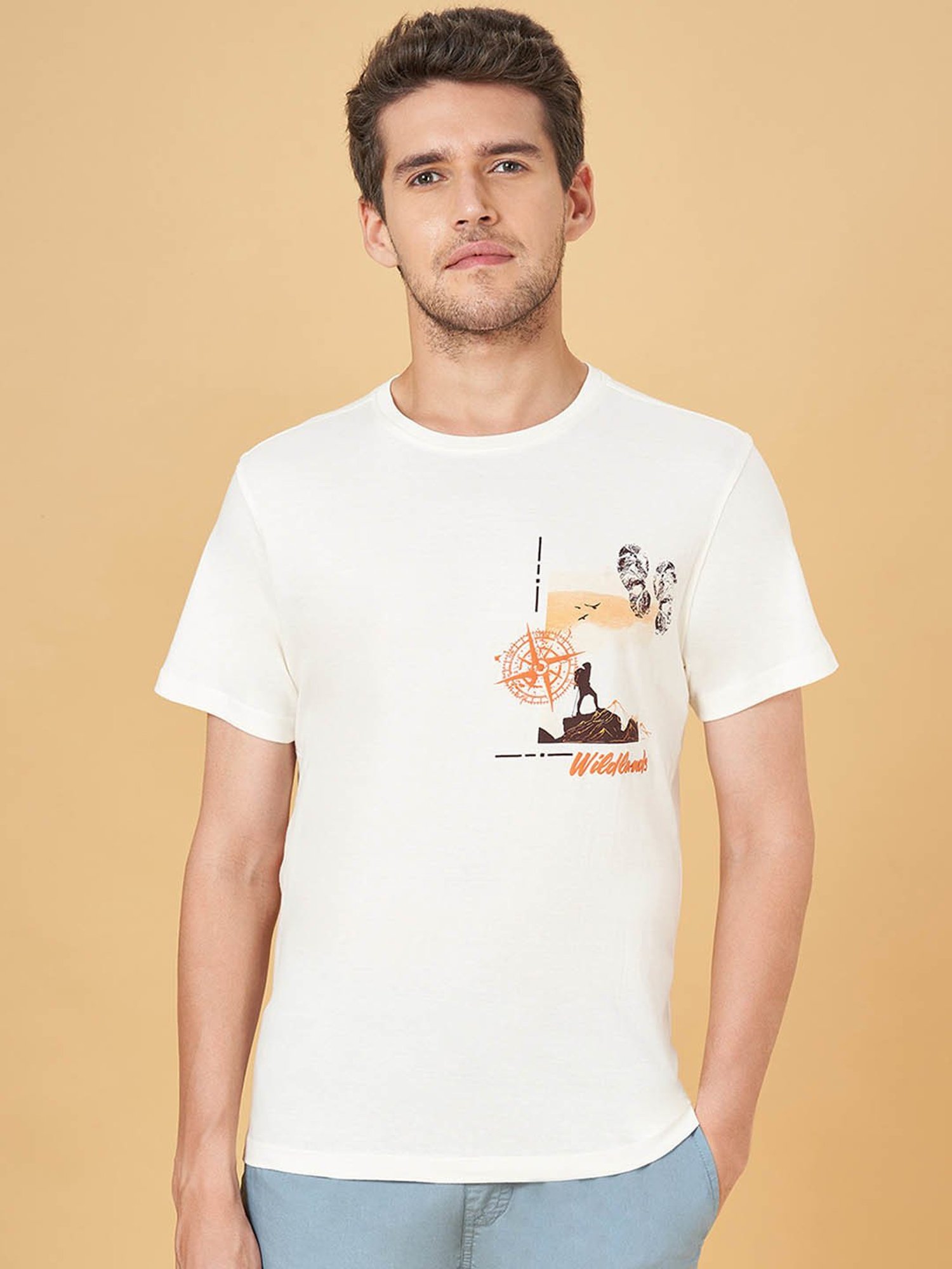 Urban Ranger by Pantaloons White Cotton Slim Fit Printed T-Shirt