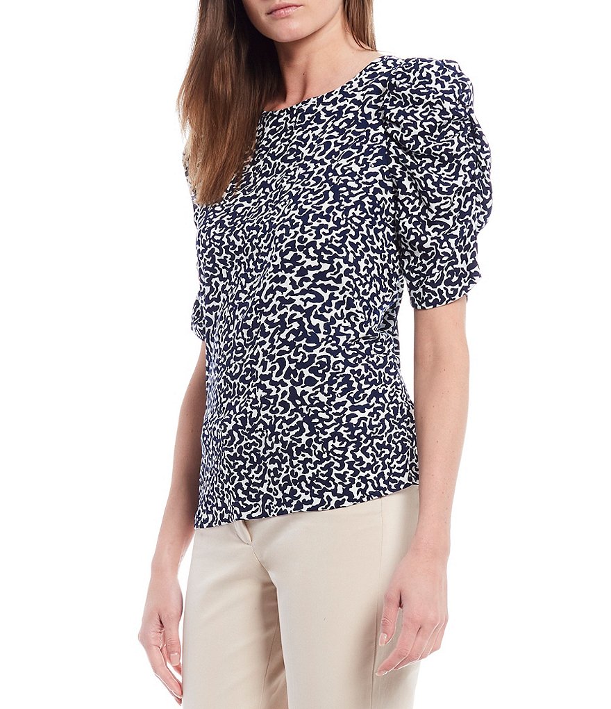 Gibson & Latimer Round Neck Puff Shirred Short Sleeve Crepe Blouse