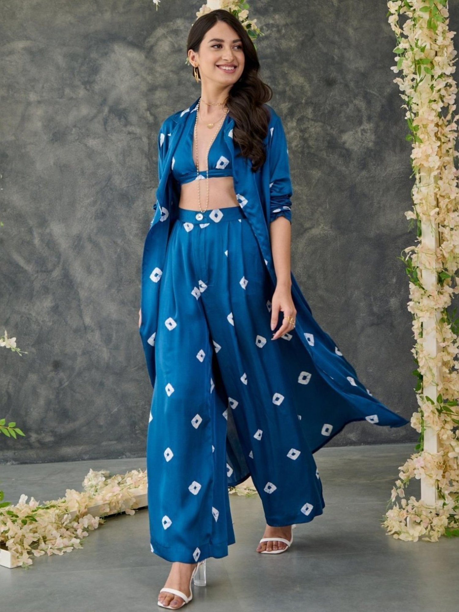 Gulaal Indigo Bandhani Modal Satin Shrug with Pant