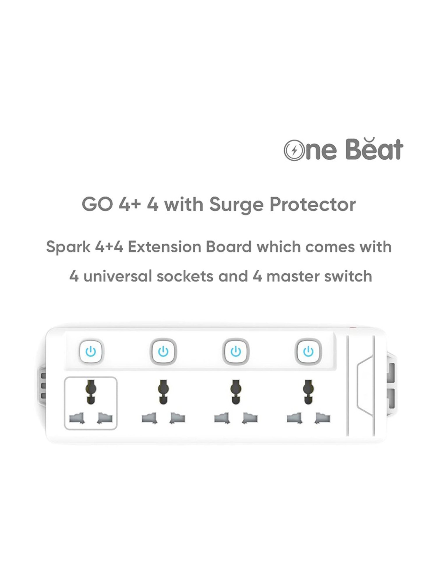 One Beat Power Strip with 4 Universal Socket with Output of 2500W & Extension Cord 2 Meter (White)