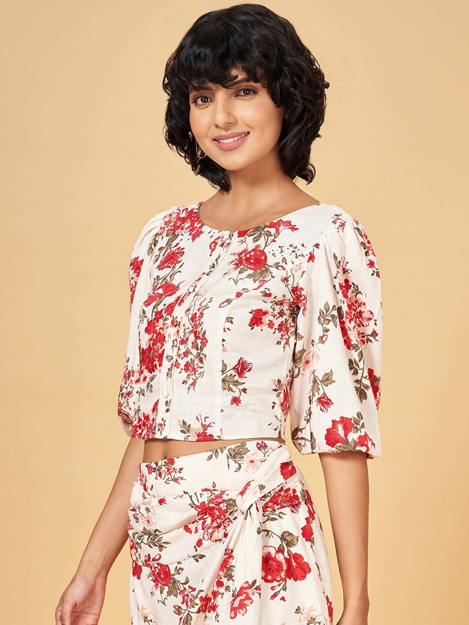Honey by Pantaloons White & Red Printed Crop Top
