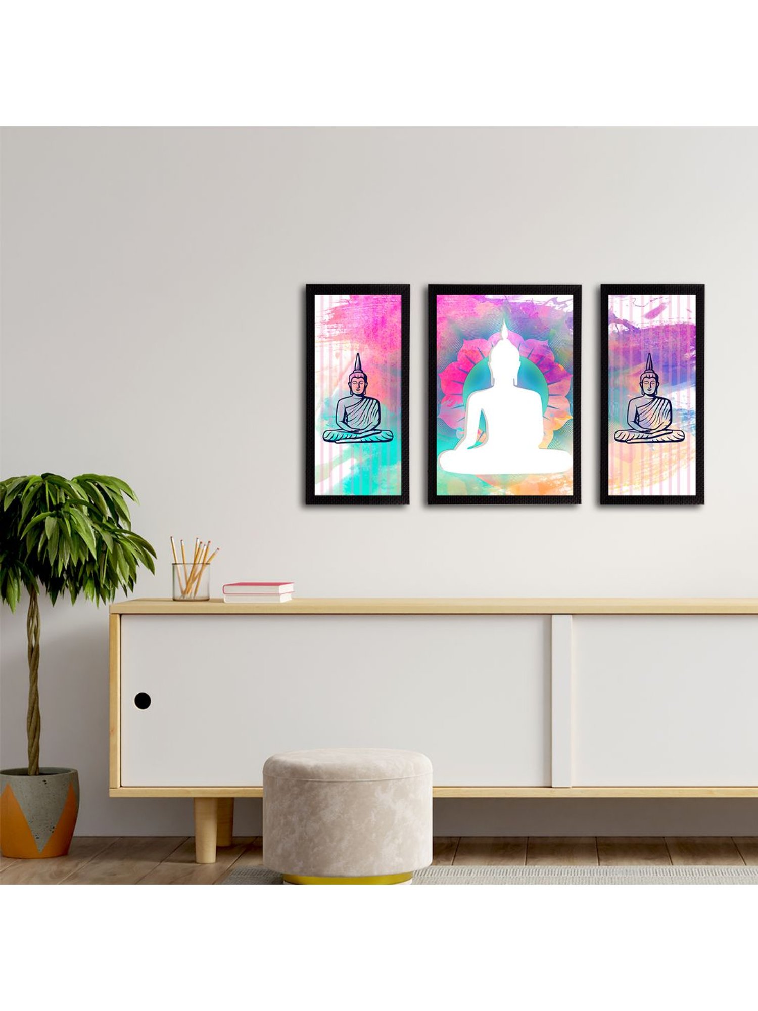 eCraftIndia Set of 3 Meditating Lord Buddha Satin Matt Textured UV Art Painting