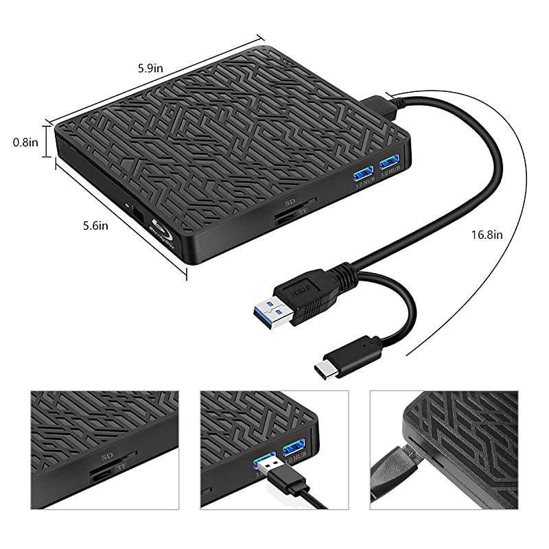 in 1 External blu ray Drive USB30TypeC Bluay blueray Drive Slim Optical CD DVD Drive Burner with SDTF Card Reader2 USB30 Hubs for pc Windows XP7810 MacOS LinuxMacBook Laptop Desktop