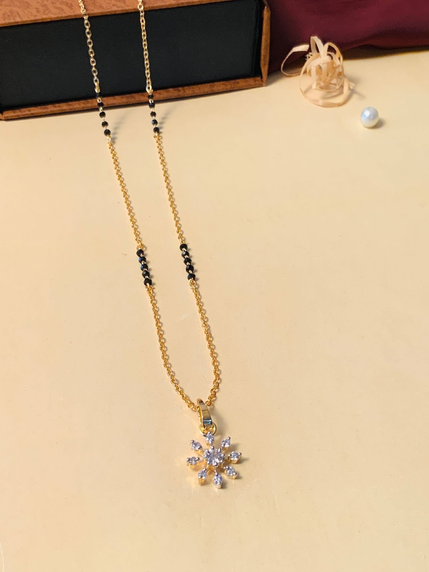 Abdesigns Gold-Plated American Diamond & Black Beaded Mangalsutra