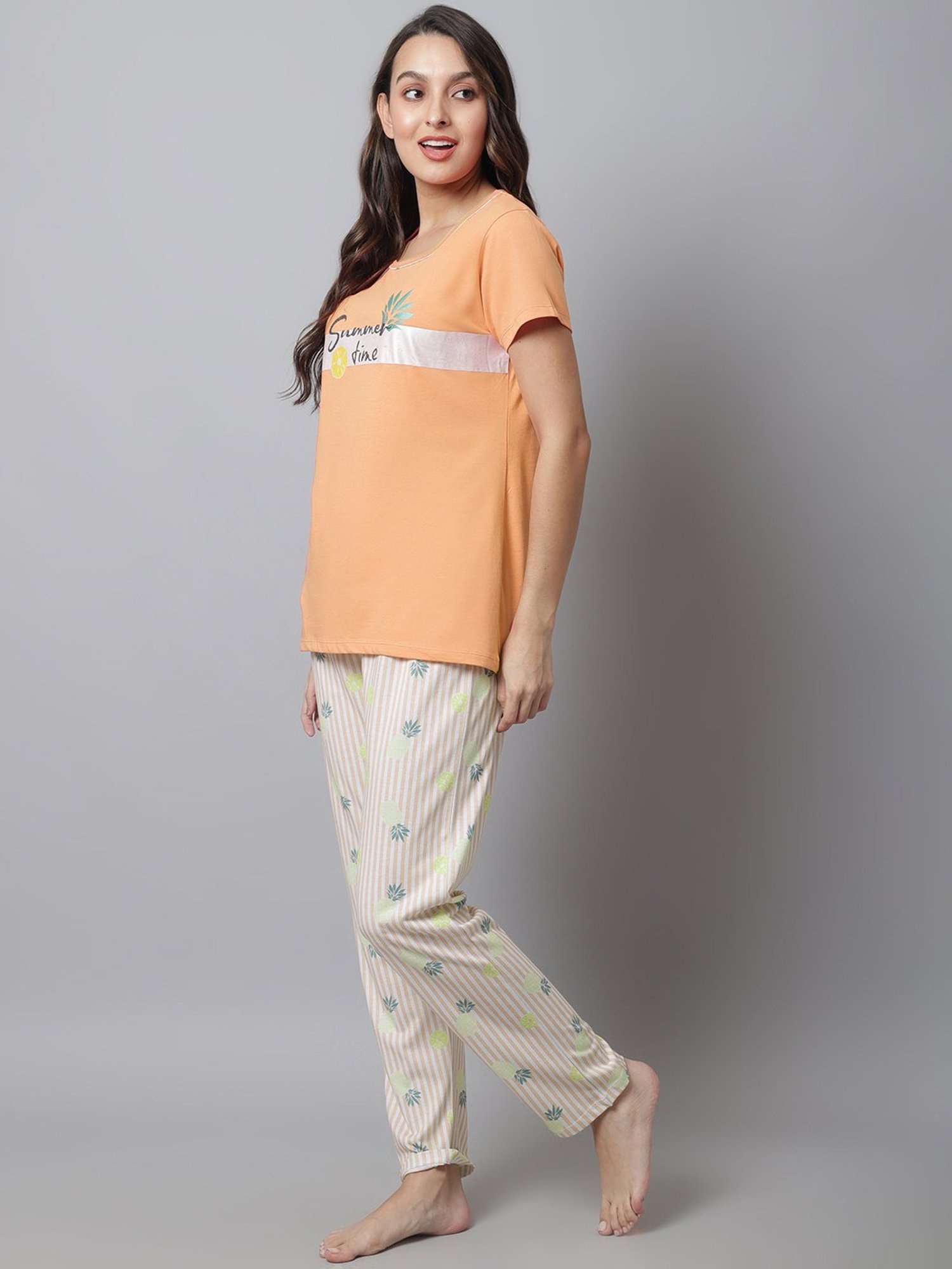 Kanvin Orange Printed Top Pyjamas Set
