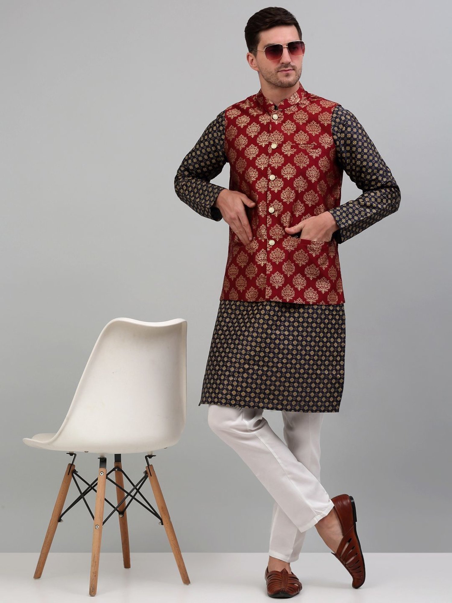 Jompers Maroon Regular Fit Printed Nehru Jacket