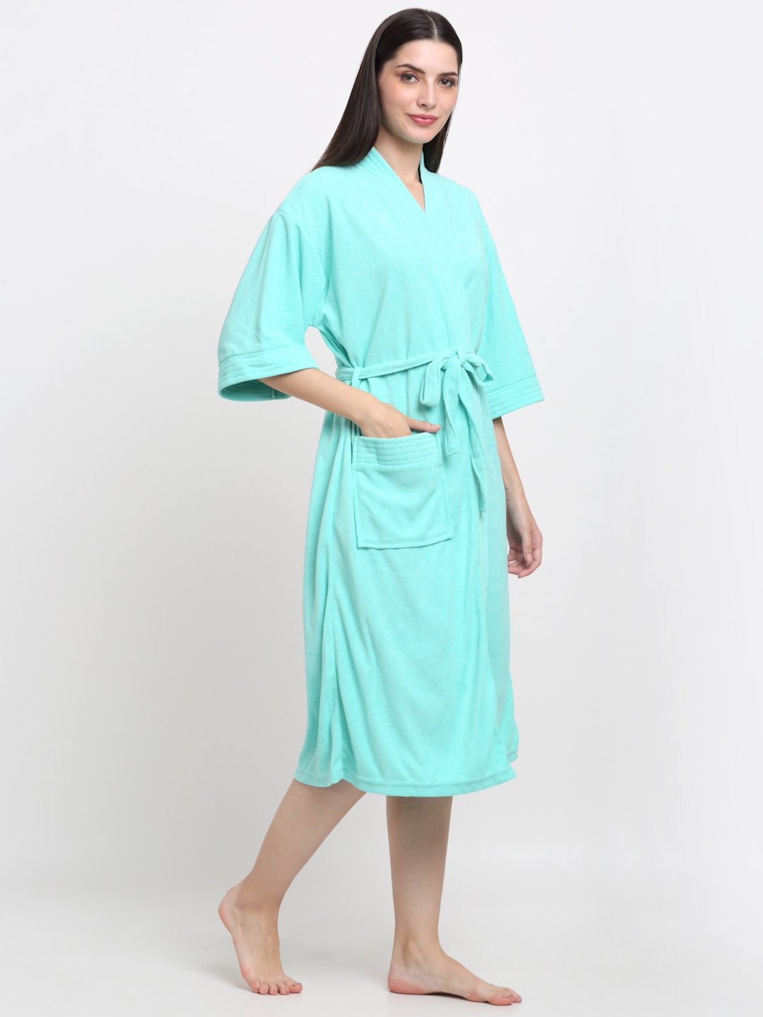 Creeva Everyday Sea Green 225 GSM Micro Terry Bathrobe with Front Pocket & Kimono Collar