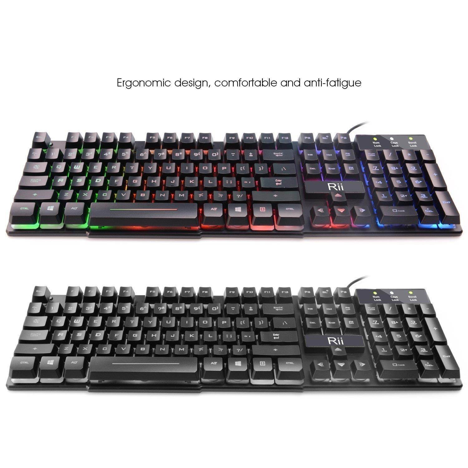 Rii RK100+ Multiple Color Rainbow LED Backlit Large Size USB Wired Mechanical Feeling Multimedia Gaming Keyboard
