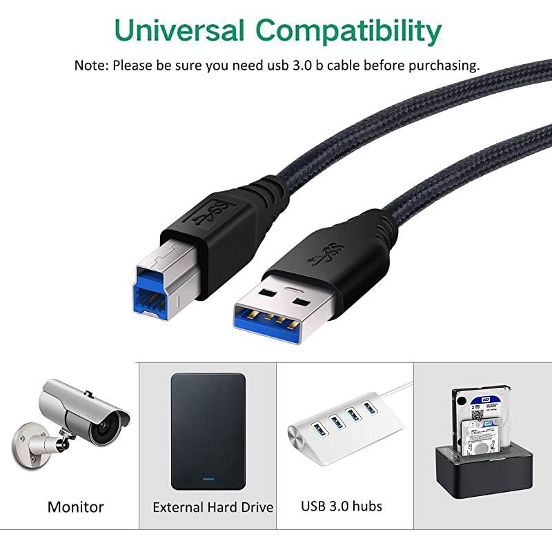 USB 30 A to B Cable  2Pack 6ft Extra Long Braided USB 30 Cable A Male to B Male Cable Cords Black